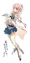 Rule 34 | 1girl, blue eyes, boots, clothes lift, cross-laced footwear, full body, half updo, hand on hilt, harukanaru toki no naka de, harukanaru toki no naka de 5, hasumi yuki (harukanaru), holding, holding sword, holding weapon, japanese clothes, lace-up boots, long hair, nozoki davis, over shoulder, pink hair, saber (weapon), skirt, skirt lift, solo, sword, sword over shoulder, thighhighs, translated, weapon, weapon over shoulder, zettai ryouiki