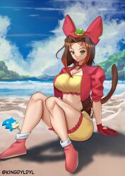 Rule 34 | 1girl, absurdres, animal hat, arm support, beach, black choker, blue sky, breasts, brown hair, cat girl, cat hat, cat tail, choker, cleavage, closed mouth, cloud, cropped jacket, food, full body, gloves, green eyes, hat, highres, ice cream, jacket, kingdyldyl, large breasts, long hair, looking at viewer, ocean, pink footwear, pink gloves, pink jacket, popsicle, red gloves, sara (sonic), shirt, shoes, sitting, skirt, sky, sonic (series), sonic the hedgehog, sonic the hedgehog (ova), tail, yellow shirt, yellow skirt