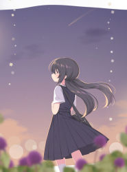 Rule 34 | 1girl, absurdres, bag, black dress, black hair, blurry, blurry foreground, blush, closed mouth, cloud, commentary request, depth of field, dress, hair between eyes, highres, long hair, low twintails, original, pinafore dress, pleated dress, profile, red eyes, sasakura momiji, shirt, short sleeves, shoulder bag, sky, sleeveless, sleeveless dress, solo, twintails, very long hair, white shirt