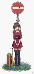 Rule 34 | 1girl, absurdres, black eyes, black thighhighs, blue flower, blush, breasts, brown hair, closed mouth, commentary, dress, eyebrows hidden by hair, flower, grey background, hair between eyes, head tilt, highres, interlocked fingers, long hair, looking at viewer, no entry sign, original, own hands together, pleated dress, red dress, revision, road sign, rolling suitcase, rust, short sleeves, sign, signature, small breasts, smile, solo, standing, suitcase, symbol-only commentary, thighhighs, twintails, wozora, zettai ryouiki