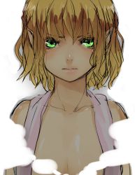 Rule 34 | 1girl, bare shoulders, blonde hair, bow, breasts, brown hair, censored, cleavage, convenient censoring, female focus, gradient background, green eyes, hair bow, kurot, lips, mizuhashi parsee, pointy ears, short hair, sketch, solo, steam, steam censor, touhou, towel, white background