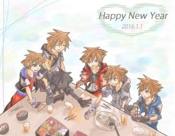 Rule 34 | 10s, 2016, 6+boys, alternate color, artist request, brown hair, chopsticks, dated, eating, food, glowing, glowing eyes, happy new year, hood, hoodie, jewelry, kingdom hearts, kingdom hearts ii, male focus, multiple boys, multiple persona, necklace, new year, sora (kingdom hearts), spiked hair, table
