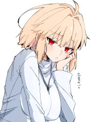 1girl :&lt; antenna_hair arcueid_brunestud artist_name blonde_hair blush breasts citron80citron commentary hair_intakes hand_on_own_cheek hand_on_own_face highres jewelry long_sleeves looking_at_viewer necklace red_eyes shirt sidelocks simple_background solo tsukihime upper_body white_background white_shirt