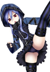 Rule 34 | 1girl, ass, black panties, black thighhighs, effole, effole (fairy fencer f), ethel (fairy fencer f), fairy fencer f, fingerless gloves, gloves, highres, hood, hoodie, leg up, long hair, long sleeves, open mouth, panties, partially visible vulva, red eyes, shimo (depthbomb), simple background, skirt, solo, spread legs, striped clothes, striped thighhighs, thighhighs, underwear, upskirt, vertical-striped clothes, vertical-striped thighhighs, white background, zettai ryouiki