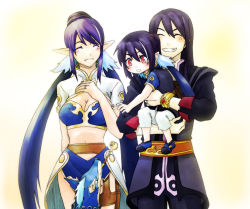 Rule 34 | 00s, 1boy, 1girl, androgynous, bad id, bad pixiv id, black hair, blue hair, family, highres, husband and wife, if they mated, jewelry, judith (tales), mizu no karuki, pointy ears, repede (tales), ring, tales of (series), tales of vesperia, wedding band, wedding ring, yuri lowell