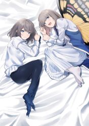 Rule 34 | 2boys, ass, bed, bed sheet, blonde hair, blouse, blue dress, blue pants, butterfly wings, claws, collared shirt, commentary request, dress, dress shirt, dual persona, fate/grand order, fate (series), fetal position, frilled shirt, frilled shirt collar, frilled sleeves, frills, frown, happy, high collar, highres, insect wings, light blush, long sleeves, looking at viewer, lying, male focus, medium hair, multiple boys, multiple persona, oberon (fate), oberon (third ascension) (fate), on side, open mouth, pants, pantyhose, puffy long sleeves, puffy sleeves, raised eyebrows, sausu hitori, sharp toenails, shirt, smile, striped clothes, striped dress, tagme, teeth, toenails, trap, white dress, white dress shirt, white pantyhose, white sheet, white shirt, wings, yellow dress, yellow trim