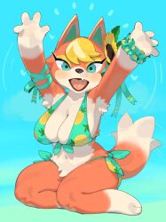 Rule 34 | 1girl, adapted costume, animal crossing, armpits, arms up, audie (animal crossing), bikini, breasts, cleavage, eyeshadow, fang, flower, front-tie bikini top, front-tie top, furry, furry female, hair flower, hair ornament, hair ribbon, highres, kame (3t), large breasts, looking at viewer, makeup, nintendo, orange fur, outstretched arms, pineapple print, ribbon, scrunchie, side-tie bikini bottom, sitting, smile, solo, sunflower, sunflower hair ornament, swimsuit, tail, two-tone fur, wariza, wolf girl, wolf tail, wrist scrunchie, yellow eyeshadow