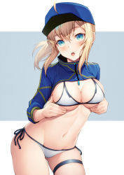 Rule 34 | 1girl, :o, ahoge, aqua eyes, artoria pendragon (fate), baseball cap, bikini, black ribbon, blonde hair, blue hat, blush, breast hold, breasts, cleavage, commentary request, contrapposto, cowboy shot, fate/grand order, fate (series), hat, kyoeiki, long hair, long sleeves, looking at viewer, medium breasts, mysterious heroine x (fate), mysterious heroine xx (fate), navel, open mouth, ponytail, ribbon, shrug (clothing), side-tie bikini bottom, sidelocks, skindentation, solo, stomach, swimsuit, thigh strap, two-tone background, white bikini, zipper pull tab