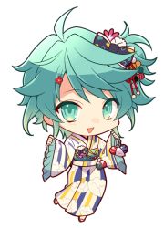 Rule 34 | 1boy, :d, ahoge, bow, chibi, floral print, flower, full body, green eyes, green hair, hair flower, hair ornament, holding, holostars, japanese clothes, kagami kira, kimono, long sleeves, looking at viewer, male focus, nyokkiiiiin, official alternate costume, open mouth, sandals, smile, solo, standing, transparent background, trap, virtual youtuber, wide sleeves, yukata