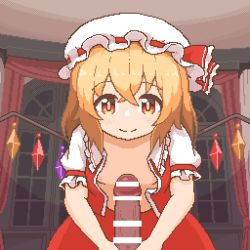 Rule 34 | 1boy, 1girl, after fellatio, animated, animated gif, blonde hair, blush, breasts, chipushishi, clothed sex, cum, cum in mouth, dress, fellatio, flandre scarlet, hat, hetero, looking at viewer, medium hair, mob cap, nipples, one side up, open clothes, open dress, open shirt, oral, penis, pixel art, pov, red eyes, small breasts, smile, solo focus, touhou, window, wings