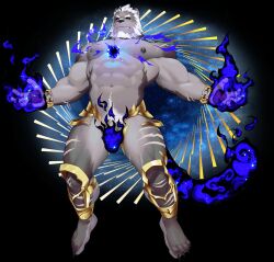 Rule 34 | 1boy, abs, alca (wakatanka4), anklet, bara, beard, blue eyes, blue fire, bracelet, facial hair, fiery tail, fire, furry, furry male, gyee, highres, itto (mentaiko), jewelry, knee pads, large pectorals, lion boy, looking at viewer, male focus, manly, mature male, muscular, muscular male, nipple piercing, nipples, non-web source, nude, official art, pectorals, piercing, pointy hair, pyrokinesis, scar, short hair, smirk, solo, tail, teeth, thick arms, thick eyebrows, thick thighs, thighs, undercut, white hair