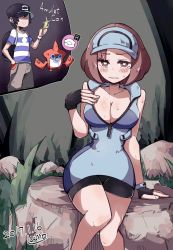 Rule 34 | 1boy, 1girl, ^ ^, ace trainer (pokemon), backpack, bag, bike shorts, black hair, breasts, bright pupils, brown hair, cleavage, closed eyes, coin, creatures (company), elio (pokemon), game freak, gen 4 pokemon, hat, lamb-oic029, large breasts, looking at viewer, nintendo, npc trainer, pokemon, pokemon (creature), pokemon sm, rotom, rotom dex, sweat, unzipped, white pupils, wide hips