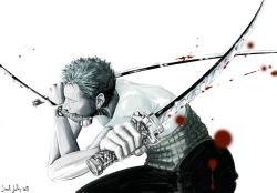 Rule 34 | 00s, 1boy, 2008, artist name, black pants, blood, closed eyes, dual wielding, earrings, epic, green hair, haramaki, holding, jewelry, katana, male focus, mouth hold, one piece, pants, realistic, roronoa zoro, sarah jolley, shirt, short hair, simple background, solo, sword, t-shirt, triple wielding, weapon, white background, white shirt