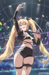 Rule 34 | 1girl, absurdres, arm up, bikini, bikini top only, black bikini, black choker, black jacket, blonde hair, blue eyes, blush, breasts, choker, clear (djmax), cowboy shot, djmax, djmax respect, fishnet thighhighs, fishnets, hair between eyes, hair ornament, highres, holding, holding microphone, idol, jacket, long hair, long sleeves, looking at viewer, microphone, navel, open mouth, short shorts, shorts, small breasts, smile, solo, stage, standing, star (symbol), swimsuit, syc2159, thighhighs