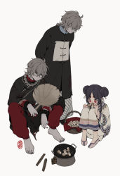 Rule 34 | 1girl, 2boys, arms behind back, barefoot, basket, black hair, black nails, blush, braid, braided ponytail, brother and sister, brothers, chinese clothes, cooking, double bun, eating, flats, floral print, food, full body, grey eyes, grey hair, hair ribbon, hair scarf, hand fan, hat, holding, holding food, jiangshi, knees up, leaf fan, long hair, long sleeves, looking at another, mia0309, multiple boys, mushroom, nail polish, onii-chan wa zonbida, original, pale skin, pants, pot, qingdai guanmao, red eyes, red pants, ribbon, sash, siblings, sidelocks, simple background, single braid, sitting, tangzhuang, torn clothes, white background, wood