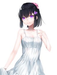 Rule 34 | 1girl, bare arms, bare shoulders, black hair, closed mouth, collarbone, commentary request, dress, flat chest, flower, hair between eyes, hair flower, hair ornament, hair ribbon, hand up, head tilt, looking at viewer, original, pink ribbon, purple eyes, purple flower, ribbon, short hair, sidelocks, simple background, skirt hold, sleeveless, sleeveless dress, smile, solo, standing, waka (shark waka), white background, white dress