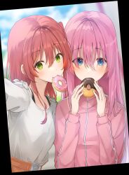 Rule 34 | 2girls, blue eyes, blue sky, blurry, blurry background, blush, bocchi the rock!, breasts, commentary, dot nose, doughnut, eating, eyelashes, food, food in mouth, gotoh hitori, green eyes, hair between eyes, hands up, head tilt, heads together, highres, holding, holding food, jacket, kanaria hisagi, kita ikuyo, long hair, looking at viewer, multiple girls, orange skirt, pink hair, pink jacket, red hair, shirt, sidelocks, skirt, sky, small breasts, standing, very long hair, viewfinder, white shirt, yuri