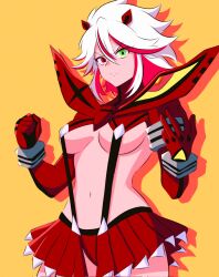 1girl alternate_color alternate_eye_color alternate_hair_color blizzard_(b1iz4rd) breasts cowboy_shot frown gloves green_eyes hair_between_eyes heterochromia highres kill_la_kill large_breasts matoi_ryuuko miniskirt multicolored_hair navel orange_background red_eyes red_gloves red_hair red_skirt senketsu shadow short_hair simple_background skirt two-tone_hair white_hair