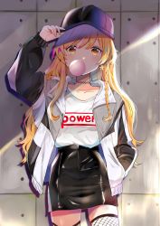 Rule 34 | 1girl, absurdres, alternate costume, arm up, baseball cap, black hat, black skirt, blonde hair, blowing bubbles, braid, casual, chewing gum, choker, collarbone, commentary request, contemporary, cowboy shot, earrings, fishnet thighhighs, fishnets, hand in pocket, hat, highres, jacket, jewelry, kirisame marisa, long hair, long sleeves, looking at viewer, miniskirt, open clothes, open jacket, pencil skirt, raglan sleeves, satoupote, shirt, single braid, skirt, solo, standing, star (symbol), star earrings, t-shirt, thighhighs, thighs, touhou, white shirt, yellow eyes, zettai ryouiki