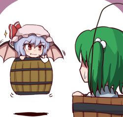 Rule 34 | &gt;:), 2girls, puff of air, barrel, bat wings, blue hair, blush, bow, bucket, fang, fang out, flapping, floating, green hair, hair bobbles, hair ornament, hat, hat bow, in bucket, in container, kisume, looking at another, mob cap, multiple girls, nikori, peeking out, red eyes, remilia scarlet, shirt, short hair, short twintails, simple background, sparkle, sweatdrop, touhou, twintails, vignetting, white background, white shirt, wings