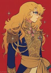 1970s_(style) 1girl absurdres aiguillette androgynous aristocratic_clothes blonde_hair blue_eyes blue_shirt crossdressing epaulettes highres long_hair long_sleeves ohiya_ft1 oldschool oscar_francois_de_jarjayes pants red_background retro_artstyle reverse_trap shirt simple_background solo sparkle sword versailles_no_bara wavy_hair weapon white_pants