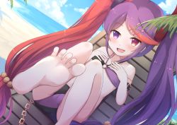 Rule 34 | 1girl, barefoot, beach, bikini, blush, cameltoe, chair, feet, heterochromia, highres, long hair, looking at viewer, lounge chair, misaki (princess connect!), multicolored hair, open mouth, princess connect!, purple eyes, purple hair, red eyes, soles, swimsuit, toes, twintails, two-tone hair