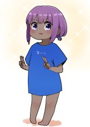 Rule 34 | 1girl, barefoot, beige background, blue shirt, blush, chibi, clothes writing, colored shadow, dark-skinned female, dark skin, fate/prototype, fate/prototype: fragments of blue and silver, fate (series), gradient background, hair bobbles, hair ornament, hassan of serenity (fate), highres, i.u.y, low ponytail, parted lips, ponytail, purple eyes, purple hair, shadow, shirt, short sleeves, sidelocks, smile, solo, sparkle background, standing, translation request, white background