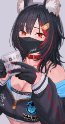 Rule 34 | 1girl, animal ear fluff, animal ears, black gloves, black jacket, black mask, breasts, cleavage, clothes writing, collar, collarbone, cup, ear piercing, gloves, highres, holding, holding cup, hololive, jacket, large breasts, long hair, long sleeves, looking at viewer, mask, mouth mask, mug, multicolored hair, ookami mio, orange eyes, piercing, red collar, red hair, solo, streaked hair, tenchisouha, upper body, virtual youtuber, wolf ears, wolf girl