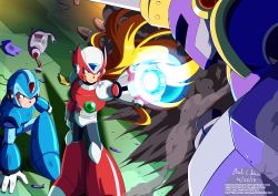 Rule 34 | 3boys, absurdres, android, arm cannon, armor, blonde hair, blue eyes, clenched hand, commentary, damaged, dated, green eyes, hand on floor, helmet, highres, innovator123, kneeling, long hair, male focus, mega man (series), mega man x (series), multiple boys, one eye closed, robot, signature, smoke, standing, vile (mega man), watermark, weapon, web address, x (mega man), zero (mega man)
