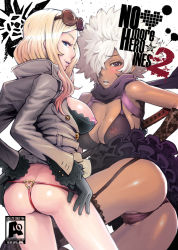 Rule 34 | 2girls, afro, ass, blonde hair, blue eyes, breasts, cameltoe, clothes lift, dark-skinned female, dark skin, dress, eyewear on head, g-string, garter straps, gloves, grasshopper manufacture, hair over one eye, heart, itou eito, jacket, katana, large breasts, looking back, miniskirt, multiple girls, naughty face, nipple slip, nipples, no more heroes, no more heroes 2, panties, partially visible vulva, scarf, see-through, sheath, sheathed, shinobu (no more heroes), shinobu jacobs, skirt, skirt lift, sunglasses, sword, sylvia christel, thighhighs, thong, underwear, weapon, white hair