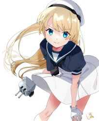 Rule 34 | 1girl, adapted turret, black jacket, black neckerchief, blonde hair, blue eyes, blue sailor collar, cannon, dress, feet out of frame, gloves, hand on own thigh, hat, jacket, jervis (kancolle), kantai collection, leaning forward, long hair, looking at viewer, neckerchief, oriharaizaya819, sailor collar, sailor dress, sailor hat, short sleeves, simple background, solo, turret, white background, white dress, white gloves, white hat