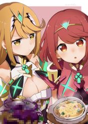Rule 34 | 2girls, bad food, bafarin, bare shoulders, blonde hair, breasts, chest jewel, cleavage, cleavage cutout, clothing cutout, highres, large breasts, long hair, multiple girls, mythra (xenoblade), pyra (xenoblade), red eyes, red hair, short hair, swept bangs, very long hair, xenoblade chronicles (series), xenoblade chronicles 2, yellow eyes