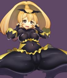 Rule 34 | 10s, 1girl, bad end peace, bad end precure, blonde hair, blush, bodysuit, breasts, cameltoe, cleft of venus, covered erect nipples, covered navel, dark persona, double v, dress, earrings, empty eyes, feet, fingerless gloves, gloves, hair ornament, jewelry, leaning back, long hair, magical girl, navel, open mouth, ponytail, precure, purple background, saliva, simple background, sitting, small breasts, smile, smile precure!, solo, thighs, v, wadani hitonori, yellow eyes