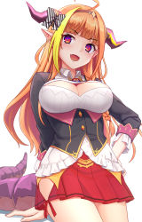Rule 34 | 1girl, ahoge, arm behind back, black jacket, blonde hair, blunt bangs, bow, braid, breasts, bright pupils, brooch, brown hairband, buttons, cleavage, cleavage cutout, clothing cutout, collared shirt, commentary request, cowboy shot, diagonal-striped bow, dragon girl, dragon horns, dragon tail, fang, from below, gem, hair intakes, hairband, hand on own hip, highres, hip vent, hololive, horn bow, horn ornament, horns, jacket, jewelry, kiryu coco, kiryu coco (1st costume), light blush, long hair, looking at viewer, medium breasts, miniskirt, multicolored eyes, multicolored hair, open mouth, orange hair, pleated skirt, pointy ears, purple eyes, red eyes, red skirt, sakurano yukke, shirt, side-tie skirt, side braid, sidelocks, simple background, single braid, skirt, slit pupils, solo, streaked hair, striped, striped bow, tail, virtual youtuber, white background, white shirt, wings