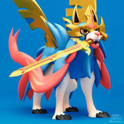 Rule 34 | 3d, animal focus, blue background, claws, commentary, creatures (company), dog, english commentary, full body, game freak, gen 8 pokemon, henry vargas, highres, legendary pokemon, mouth hold, nintendo, pokemon, pokemon (creature), signature, simple background, solo, standing, sword, weapon, yellow eyes, zacian, zacian (crowned)