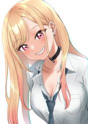 Rule 34 | 1girl, absurdres, barbell piercing, black choker, blonde hair, blush, breast pocket, breasts, choker, cleavage, commentary, ear piercing, green necktie, grin, highres, industrial piercing, kitagawa marin, kuroniko, large breasts, long hair, looking at viewer, multicolored hair, multiple piercings, necktie, piercing, pink eyes, pink hair, pocket, school uniform, shirt, smile, solo, sono bisque doll wa koi wo suru, streaked hair, upper body, white background, white shirt