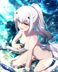 Rule 34 | 1girl, alternate costume, alternate hairstyle, azami masurao, bikini, blush, breasts, commentary request, dragon girl, dragon tail, dragon wings, fate/grand order, fate (series), forked eyebrows, hair ornament, highres, long hair, looking at viewer, melusine (fate), navel, partially submerged, ponytail, sidelocks, sitting, small breasts, smile, solo, stomach, swimsuit, tail, wariza, water, white bikini, white hair, wings, yellow eyes