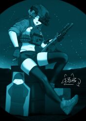 Rule 34 | 1girl, absurdres, barrel, breasts, bulletproof vest, cigarette, combat helmet, commission, gun, helmet, highres, holding, holding cigarette, holding gun, holding weapon, large breasts, long hair, looking at viewer, magazine (weapon), monochrome, navel, night vision device, open mouth, optical sight, original, outdoors, qangyi916, rifle, shoes, shorts, sig mcx, signature, sitting, sleeves rolled up, solo, termichan (not-a-bot), thighhighs, weapon