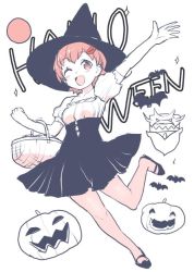 Rule 34 | 1boy, 1girl, action heroine cheer fruits, akagi an, azuse neko, basket, bat (animal), black hat, blush, chibi, commentary request, hair ornament, hairclip, halloween, hat, holding, holding basket, jack-o&#039;-lantern, king lotte, monochrome, one eye closed, open mouth, pantyhose, pumpkin, shoes, short hair, simple background, smile, witch hat