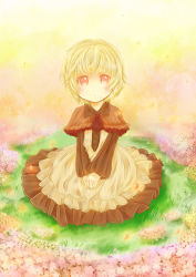 Rule 34 | 1girl, bad id, bad pixiv id, blonde hair, blush, dress, flower, grass, highres, miyanonnon, open mouth, own hands together, pixiv fantasia, pixiv fantasia sword regalia, red eyes, short hair, sitting, solo
