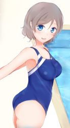 Rule 34 | 10s, 1girl, arms behind back, ass, bad id, bad pixiv id, blue eyes, blue one-piece swimsuit, blush, breasts, brown hair, competition school swimsuit, competition swimsuit, cowboy shot, from side, highres, looking at viewer, love live!, love live! sunshine!!, mitsuba (watergarden), one-piece swimsuit, open mouth, parted bangs, pool, poolside, school swimsuit, short hair, sketch, smile, solo, standing, swept bangs, swimsuit, thighs, watanabe you, water, wavy mouth