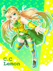 Rule 34 | 1girl, :d, bare shoulders, blonde hair, c.c. lemon, c.c. lemon (character), character name, copyright name, detached sleeves, gradient hair, green eyes, headphones, multicolored hair, navel, noe noel, open mouth, outstretched arm, shorts, smile, solo, striped clothes, striped thighhighs, thighhighs