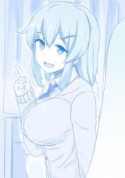 Rule 34 | 1girl, arm at side, arm up, blue theme, breasts, collared shirt, hair between eyes, large breasts, long hair, long sleeves, looking at viewer, monochrome, nao (ritsancrossover), necktie, neckwear request, open mouth, original, shirt, smile, solo focus, sweater, upper body, white shirt