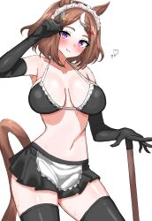Rule 34 | 1girl, absurdres, alternate costume, animal ears, arm up, armpits, bikini, black gloves, black thighhighs, breasts, broom, brown hair, cleavage, commentary request, cowboy shot, ear ornament, elbow gloves, enmaided, gloves, grin, highres, horse ears, horse girl, horse tail, kumiyabe, large breasts, looking at viewer, maid, maid bikini, maid headdress, multicolored hair, navel, purple eyes, short hair, simple background, smile, solo, streaked hair, swimsuit, tail, thighhighs, tsurumaru tsuyoshi (umamusume), umamusume, unconventional maid, white background, white hair