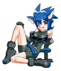 Rule 34 | 1girl, 32 idol saturn-chan, animal ears, black footwear, black gloves, blue eyes, blue hair, bodysuit, cat ears, cat tail, elbow gloves, full body, game console, gloves, hand on own knee, knee up, long hair, non-web source, open mouth, personification, product girl, saturn (32 idol saturn-chan), sega saturn, simple background, sitting, solo, tail, white background, yoshizaki mine