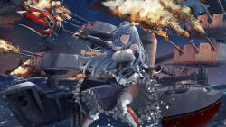 Rule 34 | 1girl, absurdres, apron, arm up, armored boots, azur lane, bare shoulders, blue dress, blue eyes, blush, boots, breasts, cannon, commentary request, detached sleeves, dress, facing viewer, firing, frilled dress, frills, highres, holding, holding trident, holding weapon, knee boots, large breasts, legs apart, long hair, looking ahead, maid headdress, makihige, medium breasts, neptune (azur lane), night, ocean, open mouth, outdoors, outstretched arm, rigging, serious, shell hair ornament, signature, solo, splashing, standing, standing on liquid, thighhighs, turret, upskirt, very long hair, waist apron, waves, weapon, white apron, yellow eyes