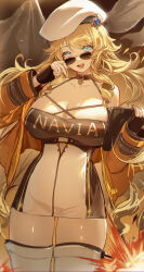 Rule 34 | 1girl, :d, absurdres, alternate costume, blonde hair, blue eyes, breasts, dress, drill hair, drill sidelocks, genshin impact, gloves, halterneck, hat, highres, huge breasts, large breasts, long hair, looking at viewer, navia (genshin impact), open mouth, race queen, shibuya (kurokamishain), sidelocks, smile, solo, sunglasses, thick thighs, thighs, very long hair