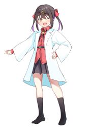 Rule 34 | 1girl, ;d, belt, black hair, black skirt, black socks, bolo tie, brown eyes, coat, commentary, full body, hair between eyes, hair ornament, hairclip, hand on own hip, highres, keito4f, lab coat, long sleeves, looking at viewer, medium hair, multicolored hair, no shoes, one eye closed, onii-chan wa oshimai!, open clothes, open coat, open mouth, oyama mihari, pleated skirt, purple hair, red shirt, shirt, simple background, skirt, smile, socks, solo, standing, twintails, two-tone hair, white background, wing collar