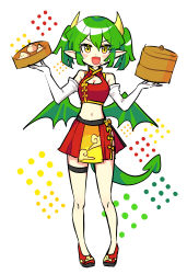 Rule 34 | 1girl, absurdres, alternate costume, alternate hairstyle, blush, breasts, cleavage, cleavage cutout, clothing cutout, crop top, draco centauros, dragon girl, dragon horns, dragon tail, dragon wings, elbow gloves, fang, full body, gloves, green hair, highres, horns, looking at viewer, medium breasts, navel, offbeat, open mouth, pointy ears, puyopuyo, red footwear, red skirt, short hair, short twintails, sketch, skirt, smile, solo, tail, twintails, white gloves, wings, yellow eyes