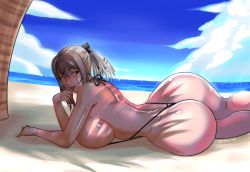 Rule 34 | 1girl, aranea highwind, artist name, ass, back, beach, bikini, bow, breasts, cloud, curvy, devil-v, female focus, final fantasy, final fantasy xv, finger to mouth, huge ass, large breasts, looking back, lying, naughty face, navel, ocean, on stomach, open mouth, outdoors, purple eyes, sand, shiny skin, short hair, sideboob, silver hair, sky, slingshot swimsuit, smile, solo, strap gap, swimsuit, toned, water, watermark, wide hips